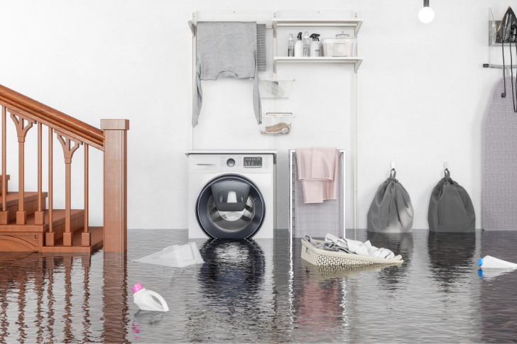 Flooded basement with laundry machines and items floating in water.