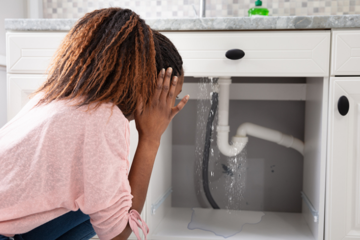 Woman who is distressed staring under sink at leak