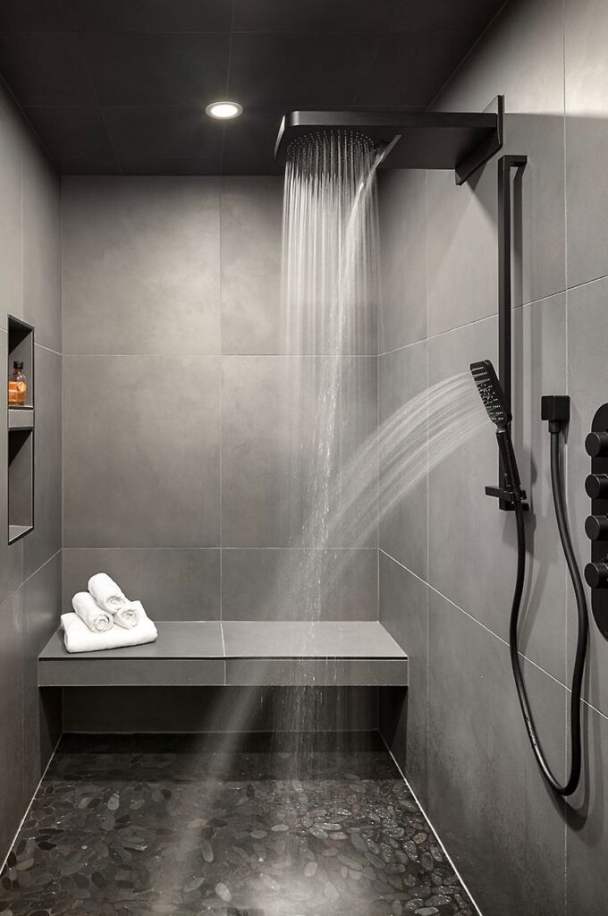 Modern shower with matte gray tiles, a rainfall showerhead, handheld sprayer, built-in bench, and shelves with towels and toiletries; water streams from the overhead shower and sprayer.
