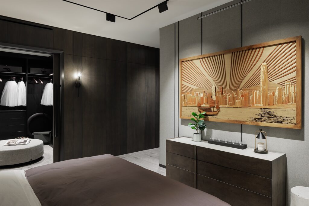 A modern bedroom with dark wood furniture, a neatly made bed, an open walk-in closet, and a large framed artwork of a city skyline with radiating lines hanging above a dresser.