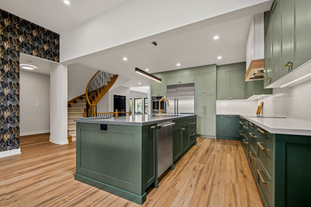 open concept green kitchen modern design