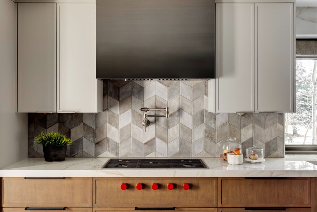 beautiful modern kitchen, mix of walnut and marble, with pot filler