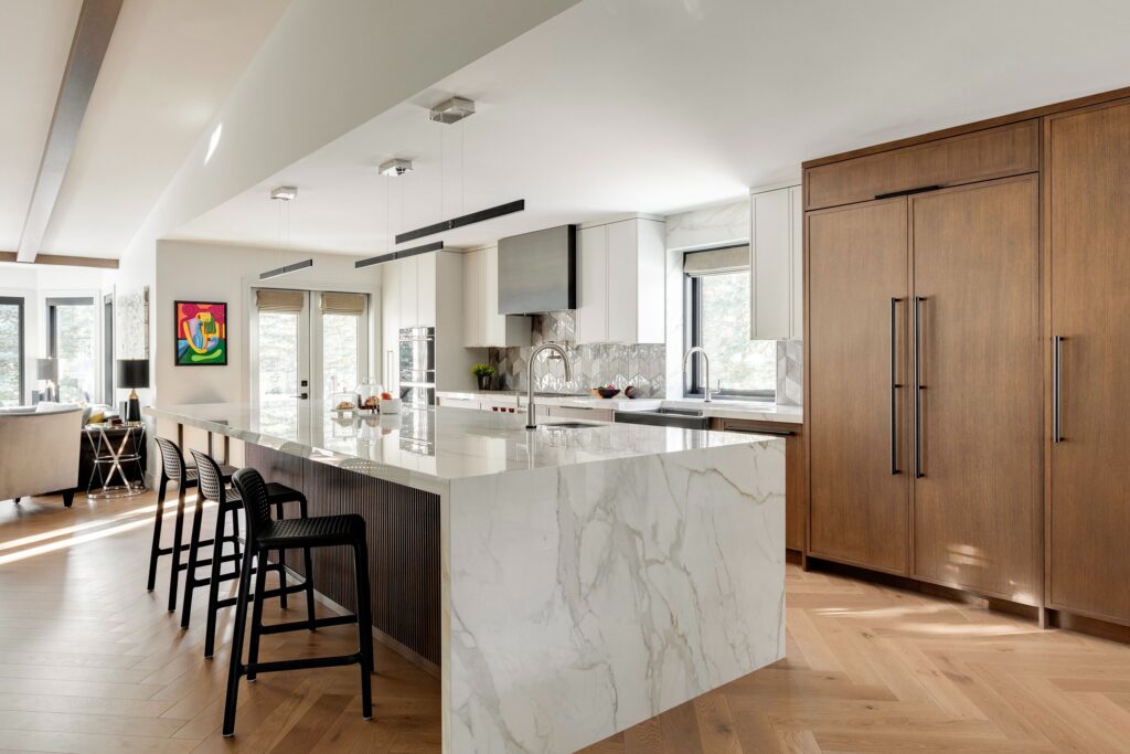 beautiful modern kitchen, mix of walnut and marble, built in fridge