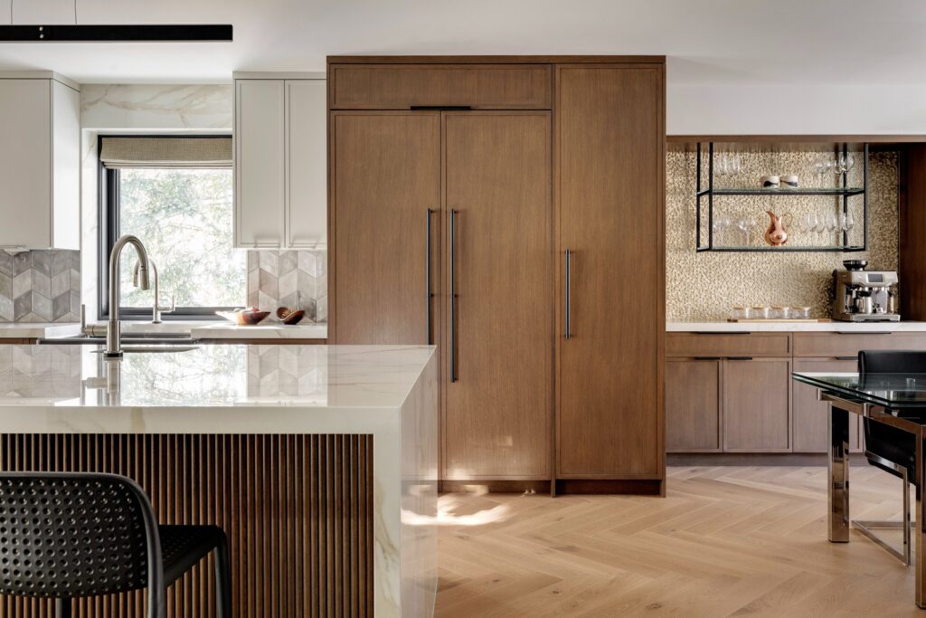 walnut kitchen cabinets- modern kitchen with coffee bar