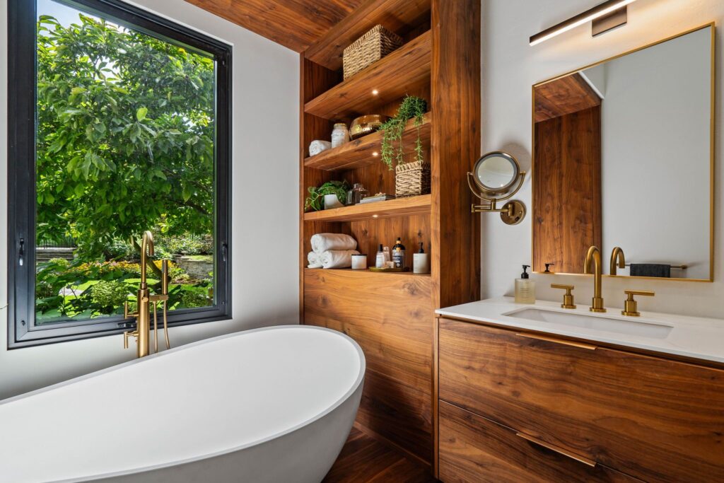 Modern Primary Ensuite with Custom Walnut Framing