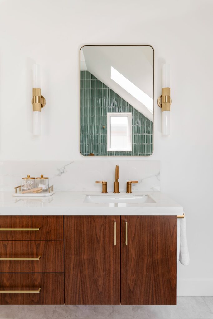 Double floating walnut vanity with practical storage and warmt