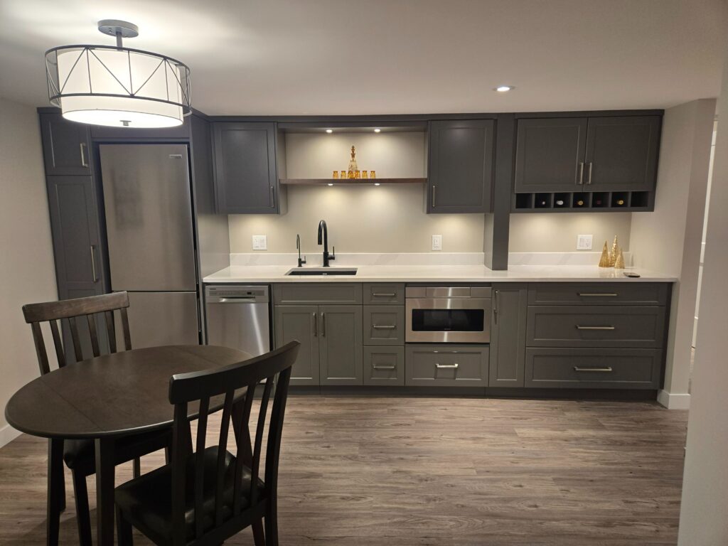 A modern, spacious bedroom in a newly renovated basement suite.