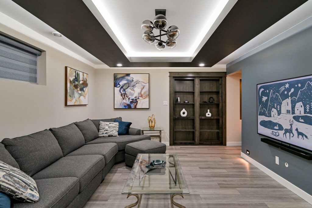 Alternative viewing nook with cozy armchair and smart TV.