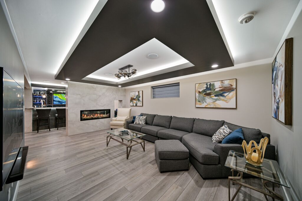 sleek lounge area in basement