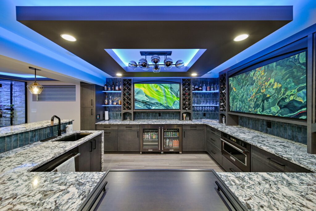 Basement transformation featuring a mix of tile and wood finishes.