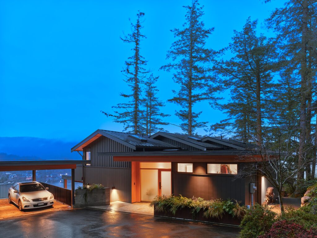 House exterior with evening glow