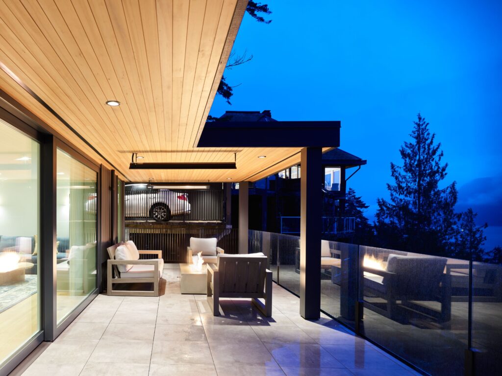 Soft lighting on wood-paneled facade