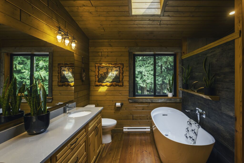 Spa-like bathroom with wood accents