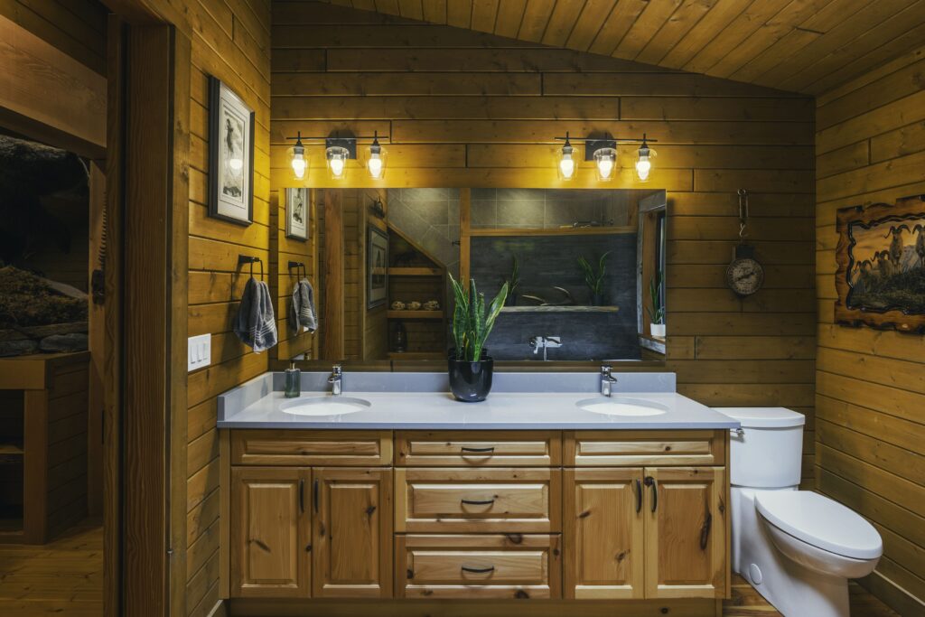 bathroom with wood accents