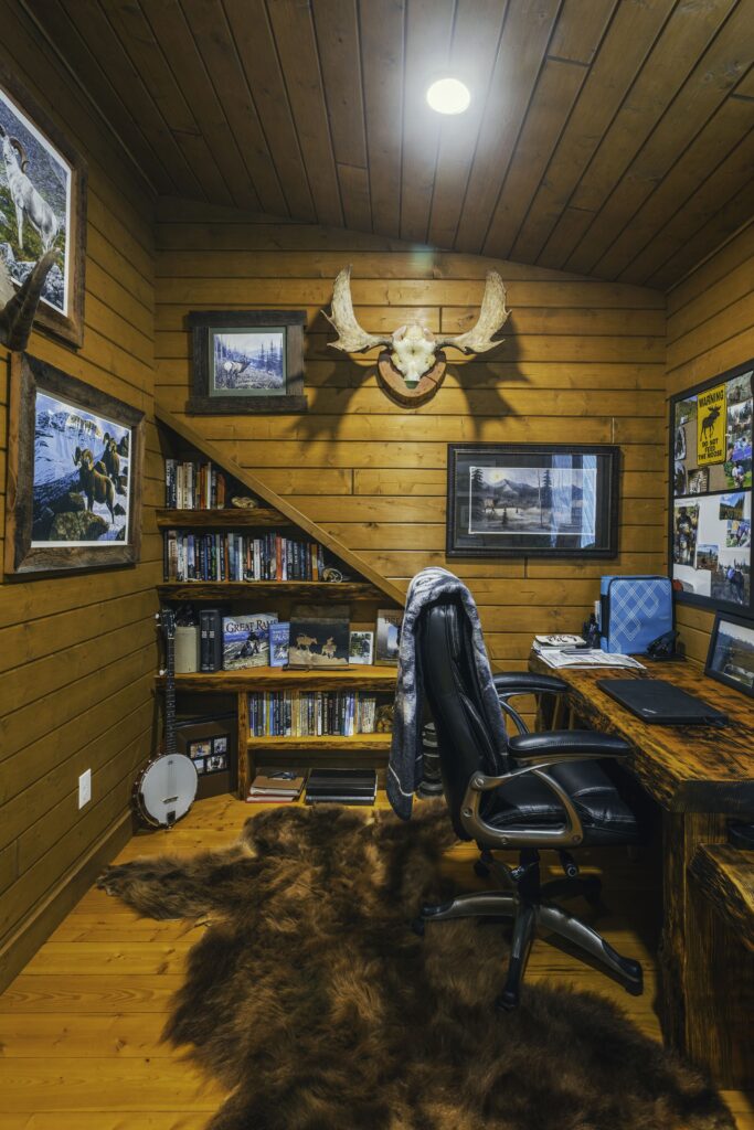Home office setup in log cabin