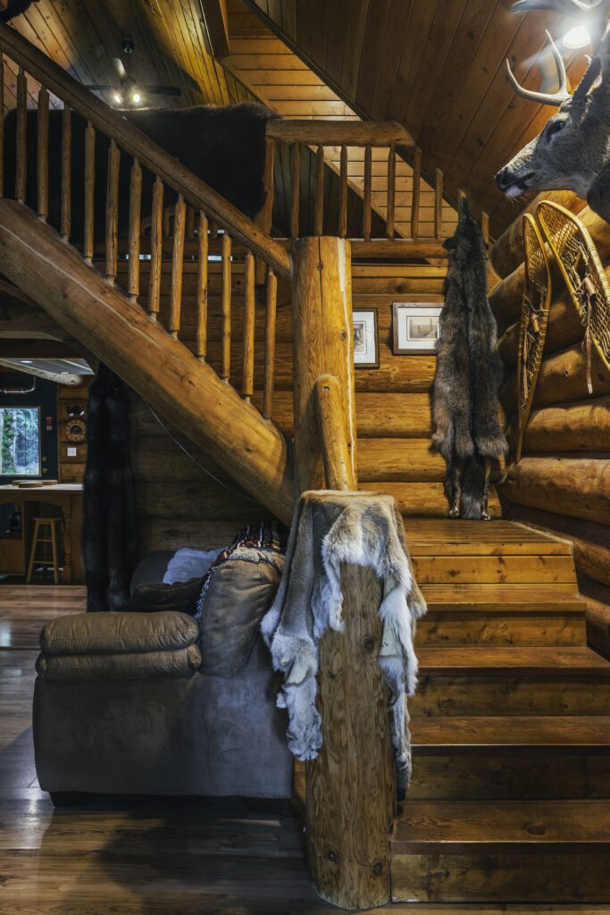 Warm wood tones in renovated cabin