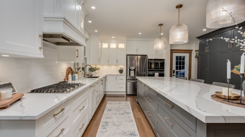 Kitchen island painted in deep Iron Ore shade