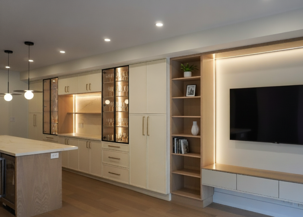 Modern kitchen and living area with built-in light wood cabinets, glass display shelves, open shelving with decor items, a wall-mounted TV, and an island with pendant lights. Warm LED lighting highlights the space.