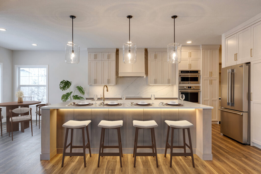 A modern kitchen with a large island, four stools, pendant lighting, white cabinetry, stainless steel appliances, and wood floors. A dining area with a table and chairs is visible in the background.