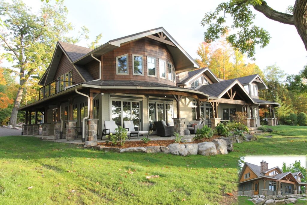 A large, two-story house with wood and stone exterior, many windows, and a covered patio with outdoor seating. The home is surrounded by green grass, trees, and landscaping; a small inset shows a different angle of the house.
