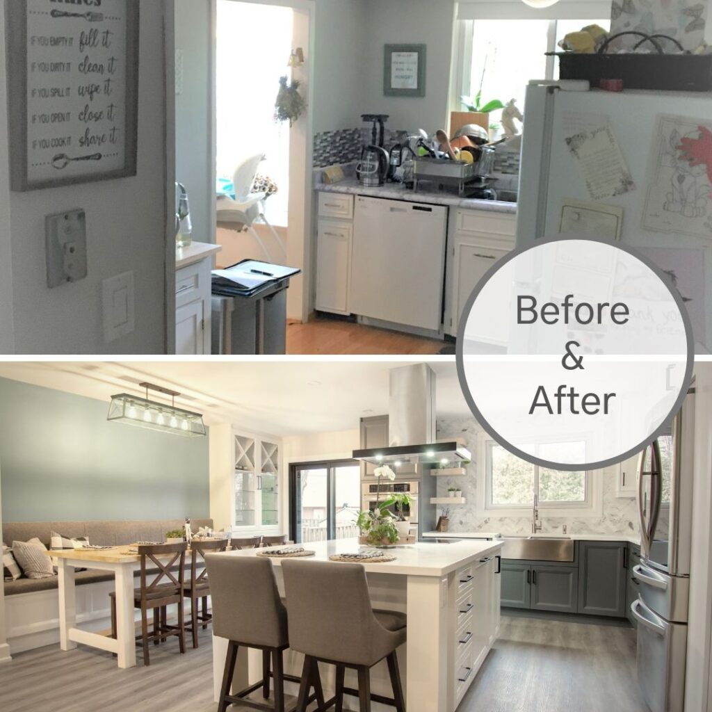 A split image shows a cluttered, dated kitchen in the Before section and a modern, bright kitchen with an island and dining area in the After section, illustrating a dramatic renovation.