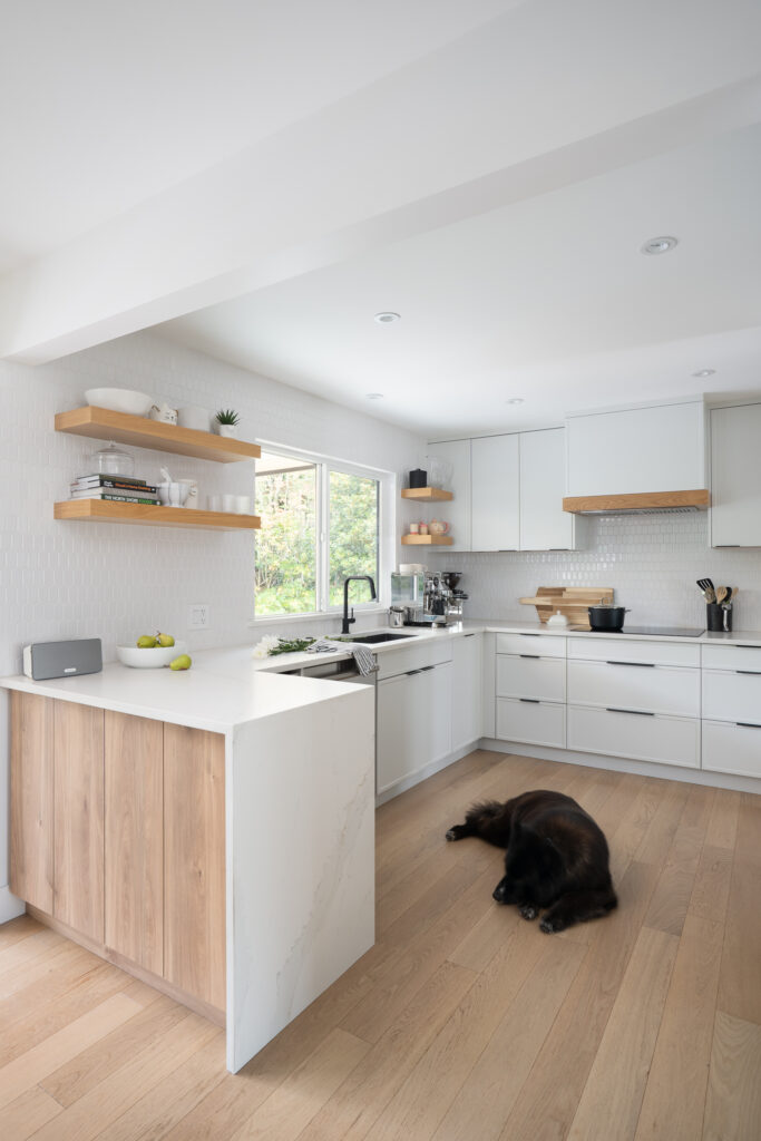 A modern kitchen with white cabinets, light wood accents, open shelves, and large windows. A black dog is lying on the light wood floor near the kitchen island.