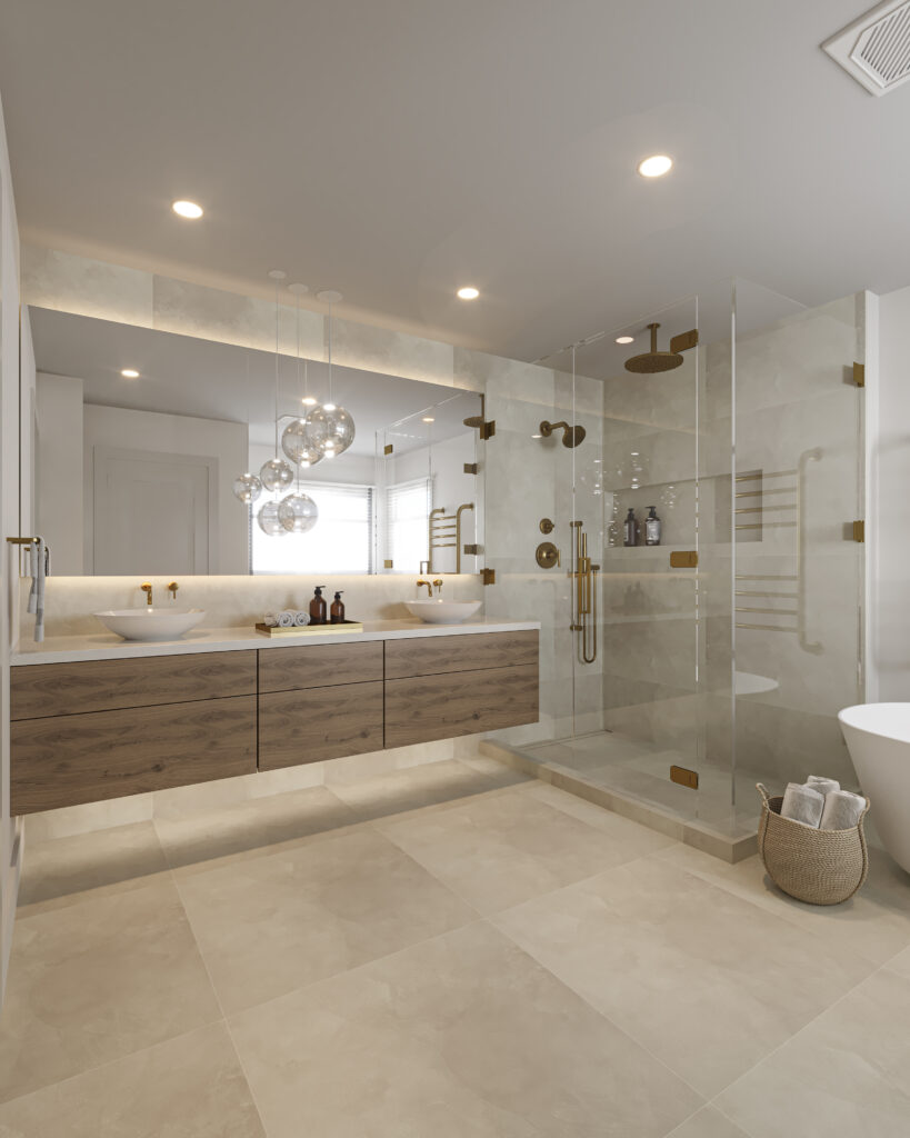 Modern bathroom with large beige tiles, a floating wooden vanity, vessel sink, glass-enclosed shower with brass fixtures, round pendant lights, and a basket with towels near a freestanding bathtub.