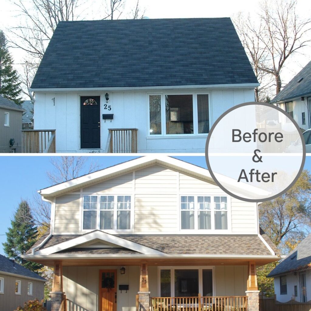 Before-and-after photo of a house renovation. The top image shows a small, single-story home with a dark roof; the bottom image shows the same house transformed into a larger two-story home with updated siding and windows.