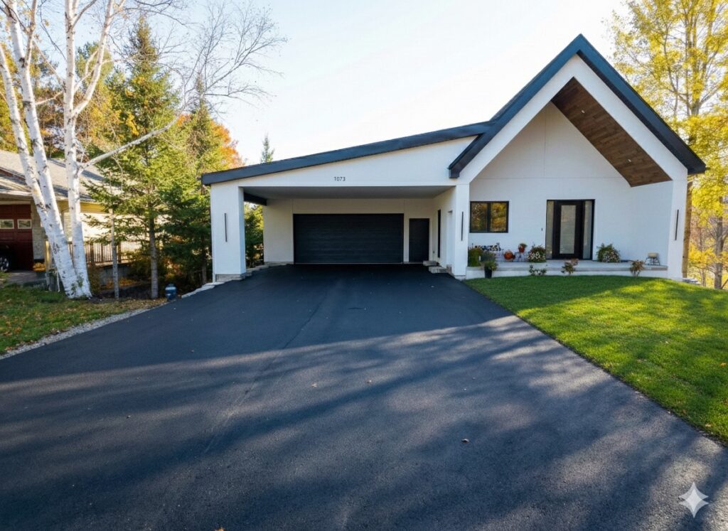 A modern white house with a dark double garage door, a large driveway, and a sloped roof. The front yard has green grass, potted plants, and is bordered by tall trees with autumn foliage.
