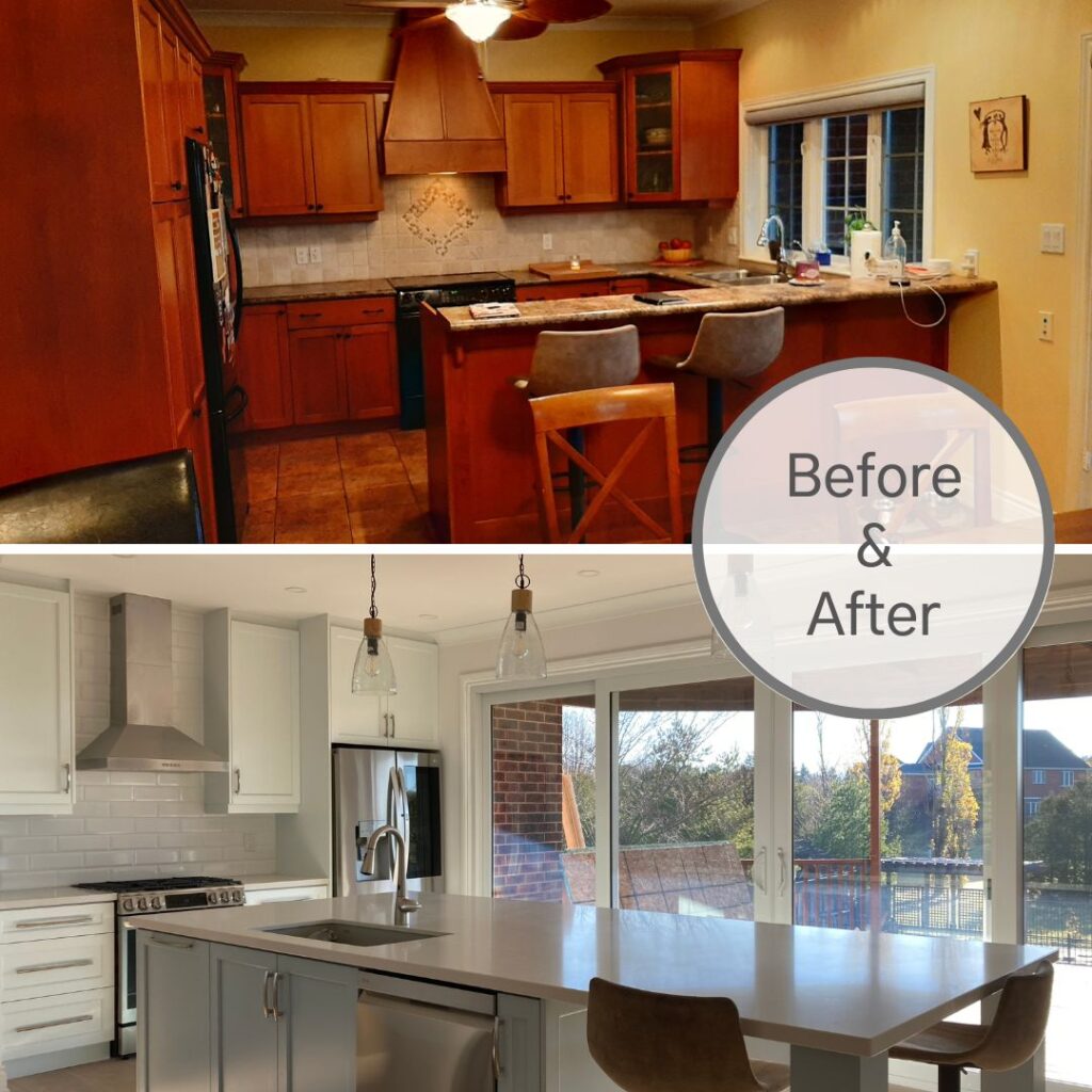 Split image showing a kitchen makeover: the top half has dark wood cabinets and counters, the bottom features a modern, bright kitchen with white cabinets, gray backsplash, and large windows. A “Before & After” label overlays the image.
