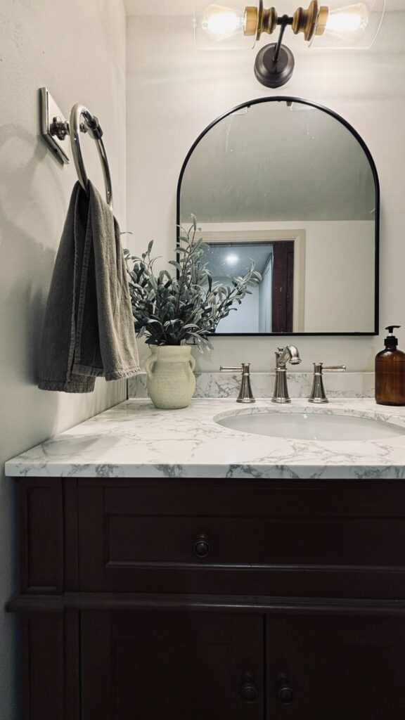 A bathroom vanity with a marble countertop, a silver faucet, a brown soap dispenser, a potted plant, a hand towel on a ring, and a large arched mirror with a light fixture above.