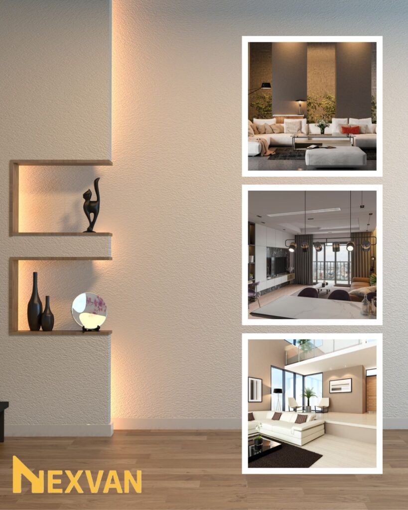 A modern living room with minimalist shelves, decorative vases, and a sculpture, featuring three inset images of stylish living rooms. NEXVAN logo appears in the bottom left corner.