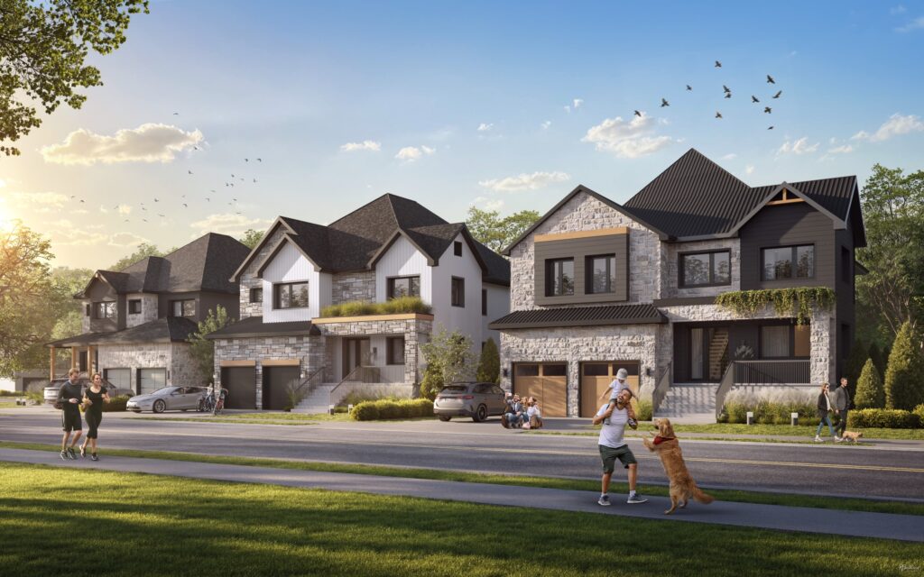 A suburban street with modern two-story houses, people walking, jogging, and playing with a dog on the sidewalk, and cars parked in driveways under a clear sky with birds flying.