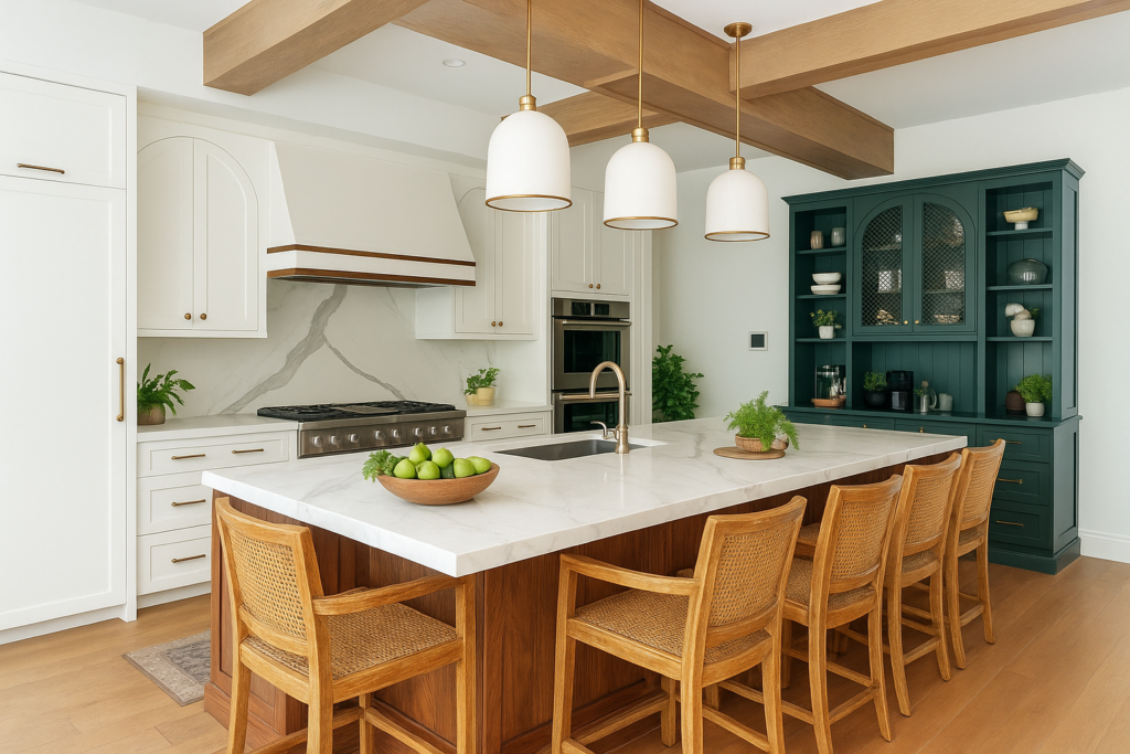 A modern kitchen with a large marble island, wooden base, and five wicker chairs. White cabinets, gold accents, pendant lights, and green plants give a fresh, bright feel. A green hutch stands against the back wall.
