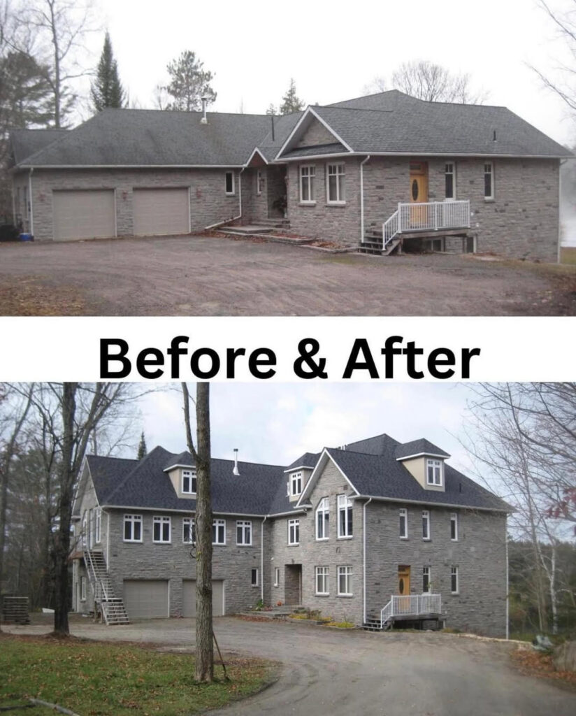 Two photos of a stone house. The before image shows a single-story house with a three-car garage. The after image shows the house expanded to two stories with more windows and added dormers.