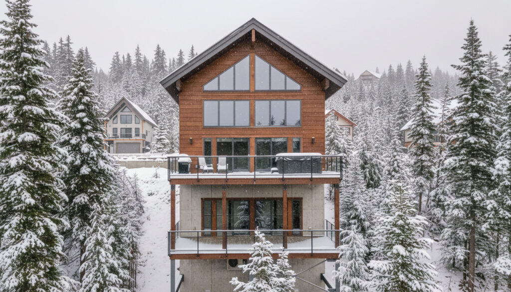 A modern, three-story wooden cabin with large windows stands surrounded by snow-covered pine trees in a mountainous winter landscape.