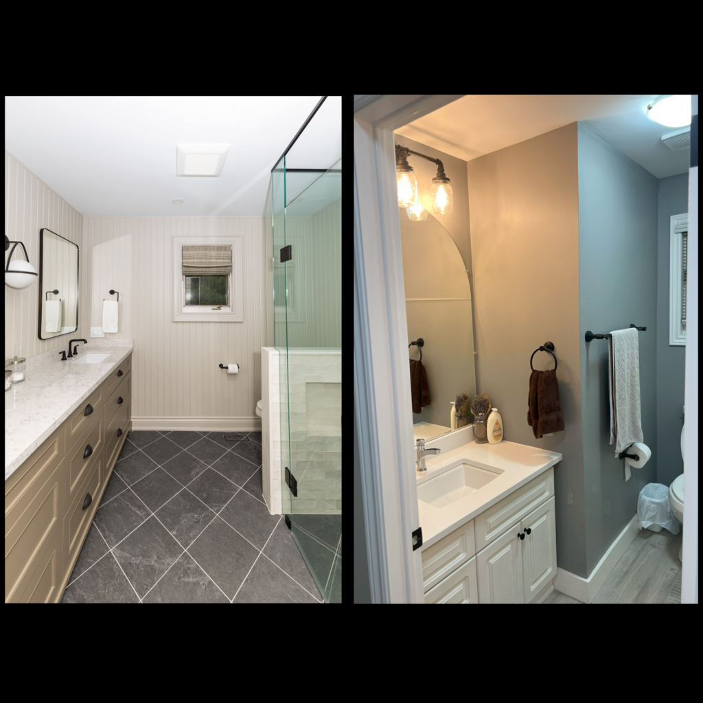 Side-by-side comparison of two bathrooms: the left is spacious with double sinks, glass shower, neutral tones, and a tiled floor; the right is smaller with a single sink, gray walls, and wall-mounted lighting above the mirror.