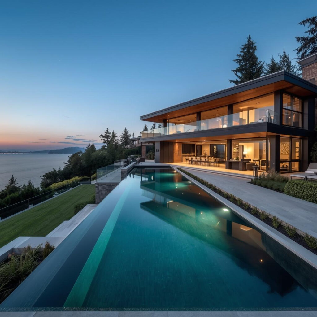 A modern two-story house with large glass windows, outdoor lighting, and an infinity pool overlooks a scenic body of water and forested hillside at sunset.