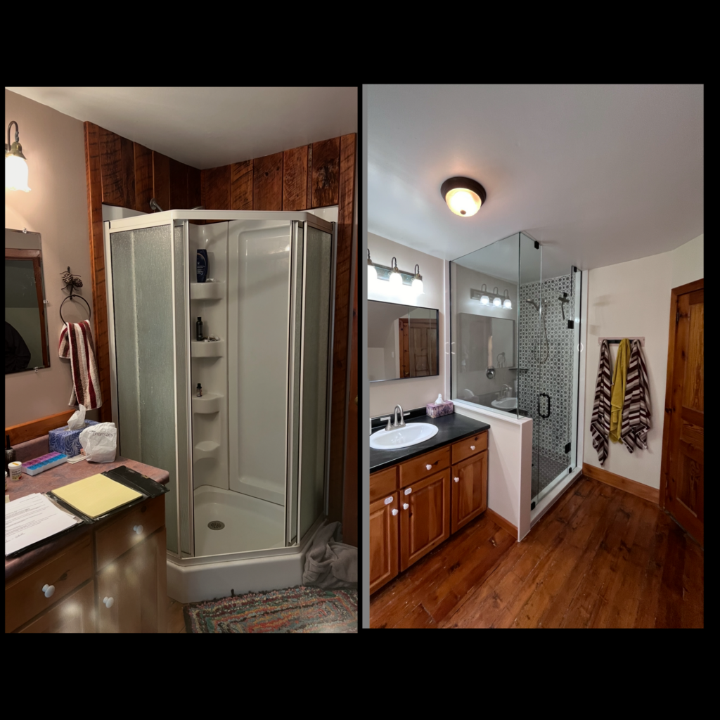 Side-by-side comparison of a bathroom before and after renovation; the left shows a small shower with frosted doors, the right shows a modern bathroom with a large glass shower, double sinks, and updated fixtures.