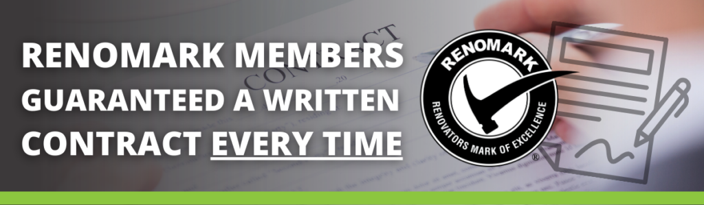 Banner with text RENOMARK MEMBERS GUARANTEED A WRITTEN CONTRACT EVERY TIME, a Renomark seal logo, and a hand signing a contract in the background.