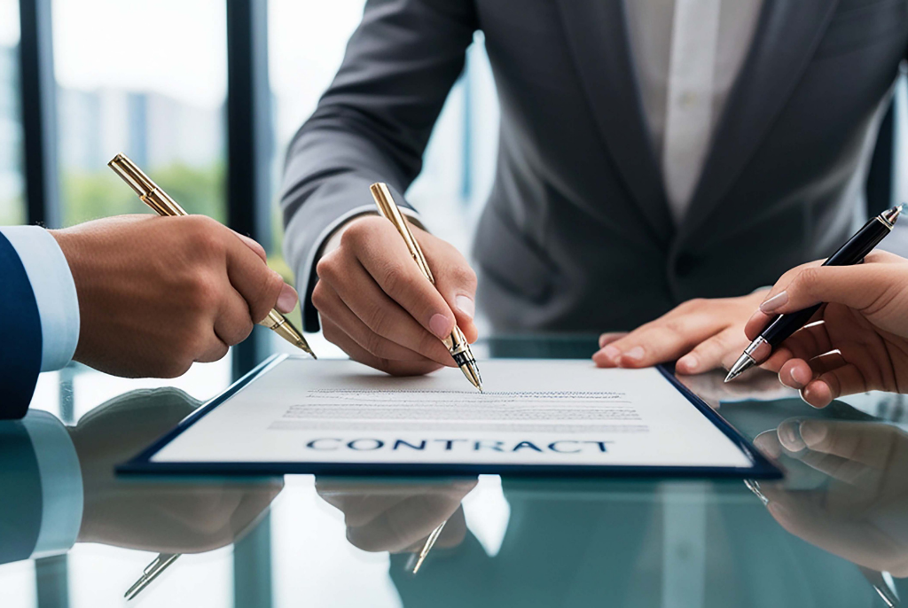 Three people in business attire are signing a contract document on a glass table, each holding a pen, with modern office buildings visible in the background.