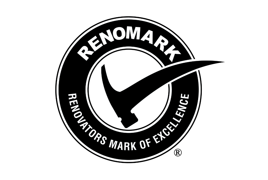 Renomark logo featuring a black circular badge with the words RENOMARK RENOVATORS MARK OF EXCELLENCE and a stylized hammer forming a checkmark in the center.