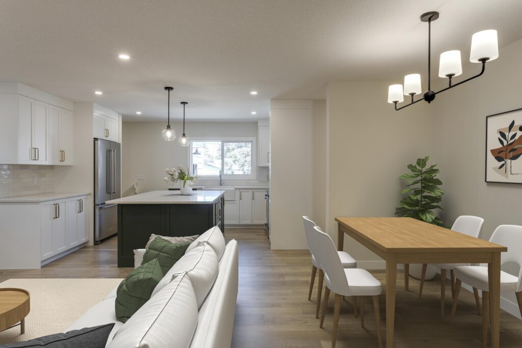 Open-concept kitchen and dining area with white cabinets, stainless steel appliances, an island with pendant lights, wooden dining table with six white chairs, potted plant, wall art, and light wood flooring.