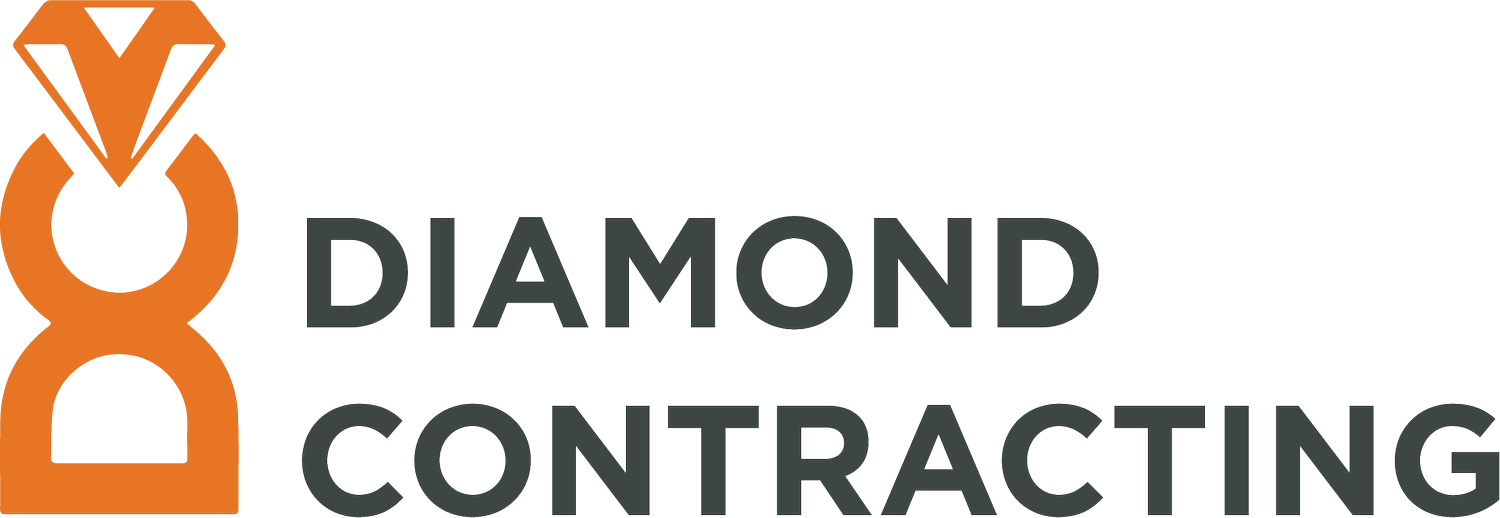 Logo for Diamond Contracting. An orange icon on the left combines the letters D and C with a diamond shape on top. DIAMOND CONTRACTING is written in bold gray letters to the right.