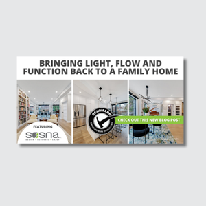 A blog post banner with modern home interiors, the text Bringing light, flow and function back to a family home, and logos for SOSNA and the RenoMark seal. A green button reads, Check out this new blog post. Highlighted for October is Renovation Month, this feature celebrates inspiring transformations just in time for renovation season.