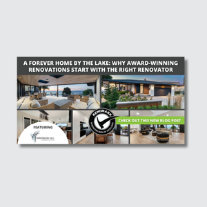 Collage of modern lakefront home interiors and exteriors. Text: A Forever Home by the Lake: Why Award-Winning Renovations Start with the Right Renovator. Celebrate October is Renovation Month by discovering expert insights and inspiration. Button: Check Out This New Blog Post.