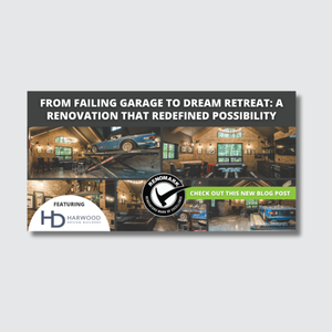 Collage showing a garage transformed into a cozy retreat with warm lighting, decor, and a parked car. Text highlights a renovation blog post featuring Harwood Design Builders and celebrates October is Renovation Month.
