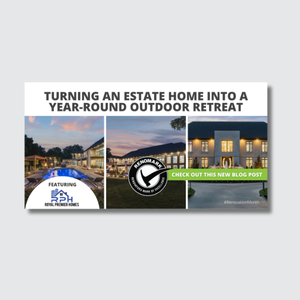 Collage of luxury homes with pools at sunset and daylight. Text reads: Turning an estate home into a year-round outdoor retreat—just in time for October is Renovation Month. Includes logos and a button: Check out this new blog post.