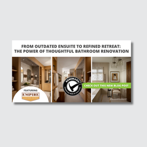 Collage showing modern bathroom renovations with wood finishes, a vanity, and a bright shower. Text reads: From Outdated Ensuite to Refined Retreat: The Power of Thoughtful Bathroom Renovation. Celebrate October is Renovation Month by transforming your space into the elegant retreat you’ve always wanted.