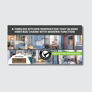 A blog post banner showing various renovated kitchen images, a badge reading Handyman Award Winner, and text: A timeless kitchen renovation that blends heritage charm with modern function—perfect inspiration as October is Renovation Month.